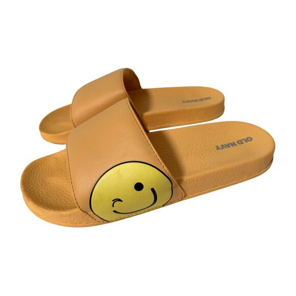 Old Navy Girls Size 3 4 Yellow Smiley Face Smile Sandals Slip on Shoes Slides - Picture 1 of 5